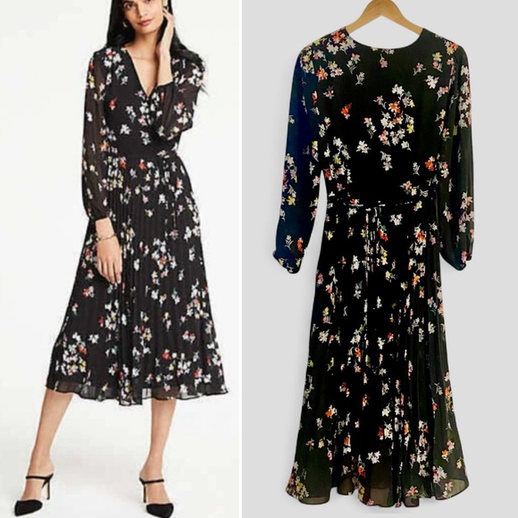 Ann Taylor Meadows Black Floral Pleated Midi Dress, EUC - Picture 1 of 12